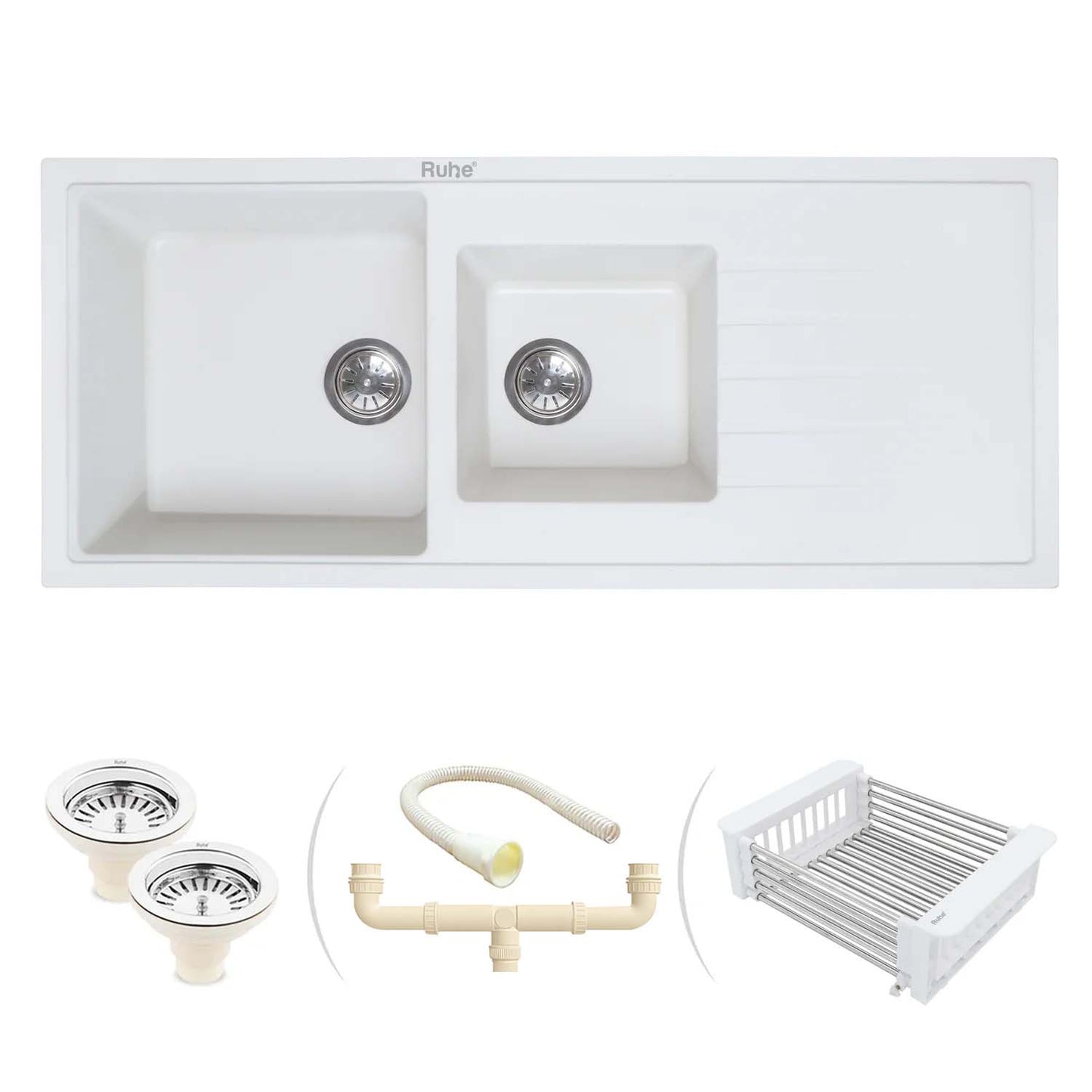 Quartz Double Bowl with Drainboard Kitchen Sink Crystal White (45 x 20 x 9 inches)