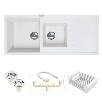 Quartz Double Bowl with Drainboard Kitchen Sink Crystal White (45 x 20 x 9 inches)