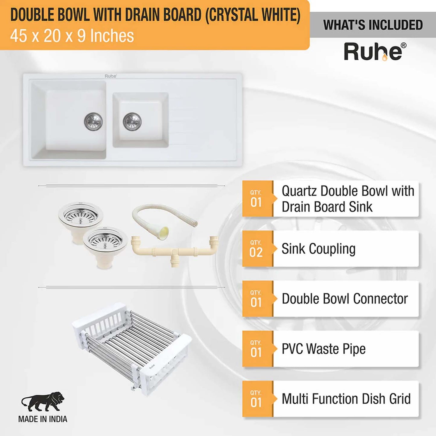 Quartz Double Bowl with Drainboard Kitchen Sink Crystal White (45 x 20 x 9 inches)