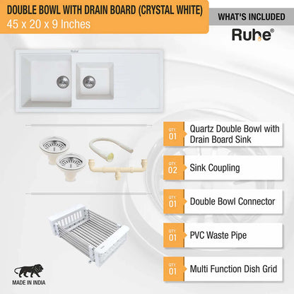 Quartz Double Bowl with Drainboard Kitchen Sink Crystal White (45 x 20 x 9 inches)