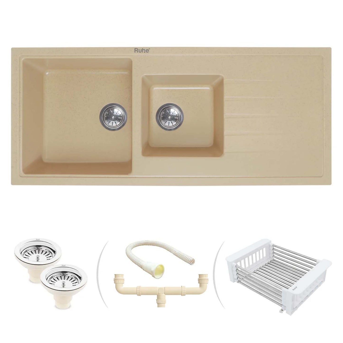 Quartz Double Bowl with Drainboard Kitchen Sink Crystal White (45 x 20 x 9 inches)