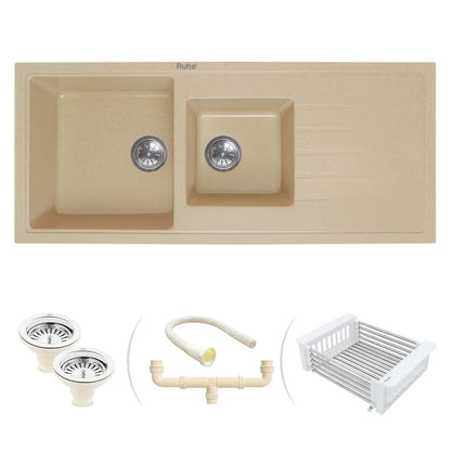 Quartz Double Bowl with Drainboard Kitchen Sink Crystal White (45 x 20 x 9 inches)