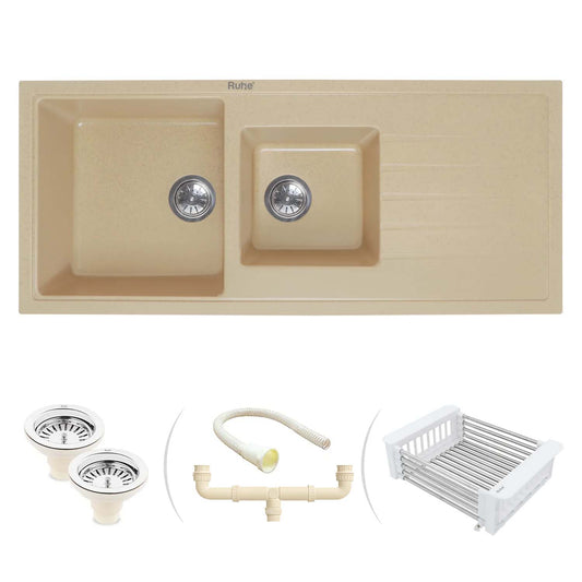 Quartz Double Bowl with Drainboard Kitchen Sink Crystal White (45 x 20 x 9 inches)