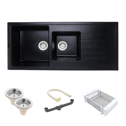 Quartz Double Bowl with Drainboard Kitchen Sink (45 x 20 x 9 inches)