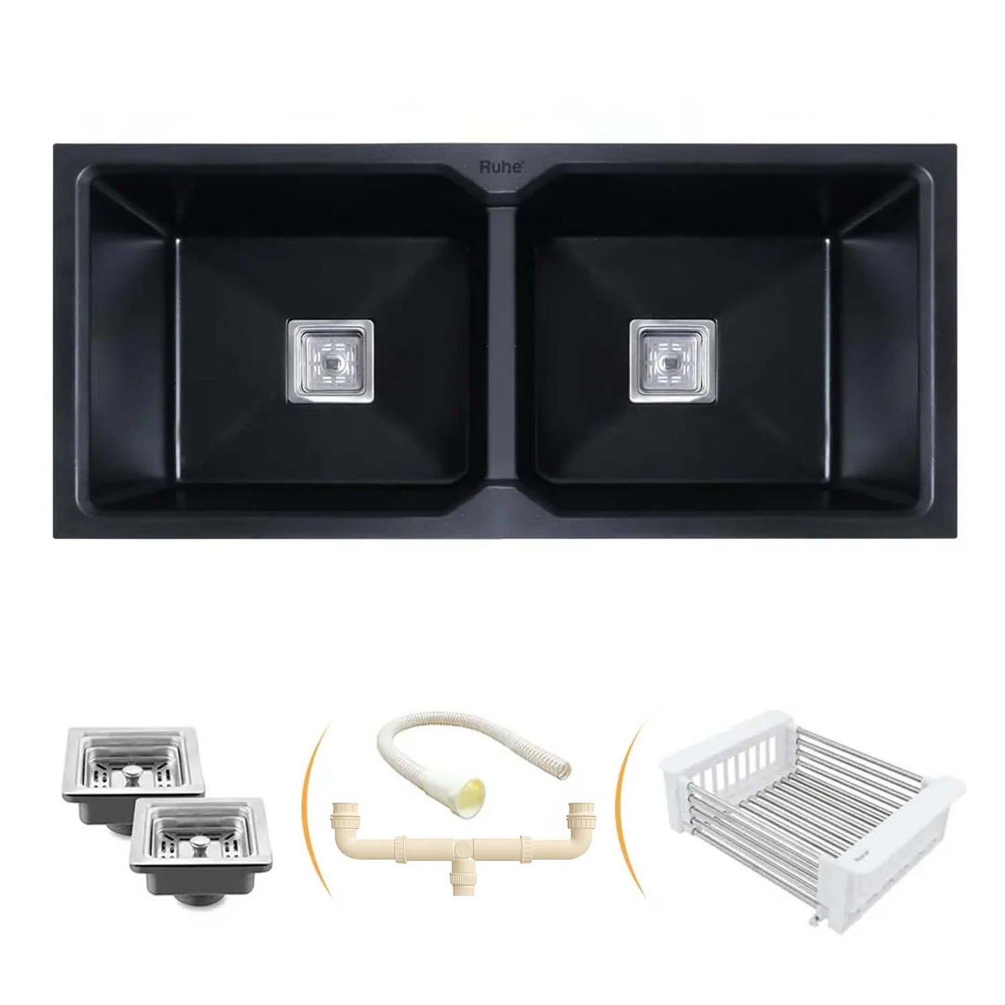 Quartz Double Bowl Black Kitchen Sink (45 x 20 x 9 inches)