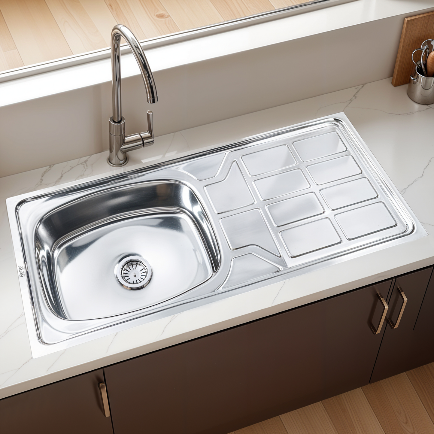 Oval Single Bowl with Drainboard Kitchen Sink (45 x 20 x 9 Inches)