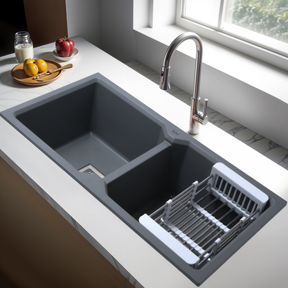 Quartz Double Bowl Black Kitchen Sink (45 x 20 x 9 inches)