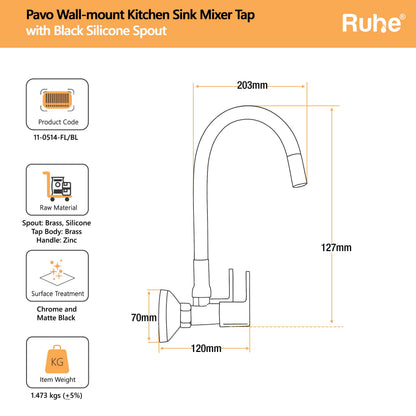 Pavo Wall Mount Kitchen Sink Mixer Tap with Coloured Flexible Silicone Spout