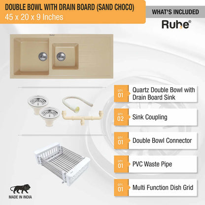 Quartz Double Bowl with Drainboard Kitchen Sink (45 x 20 x 9 inches)