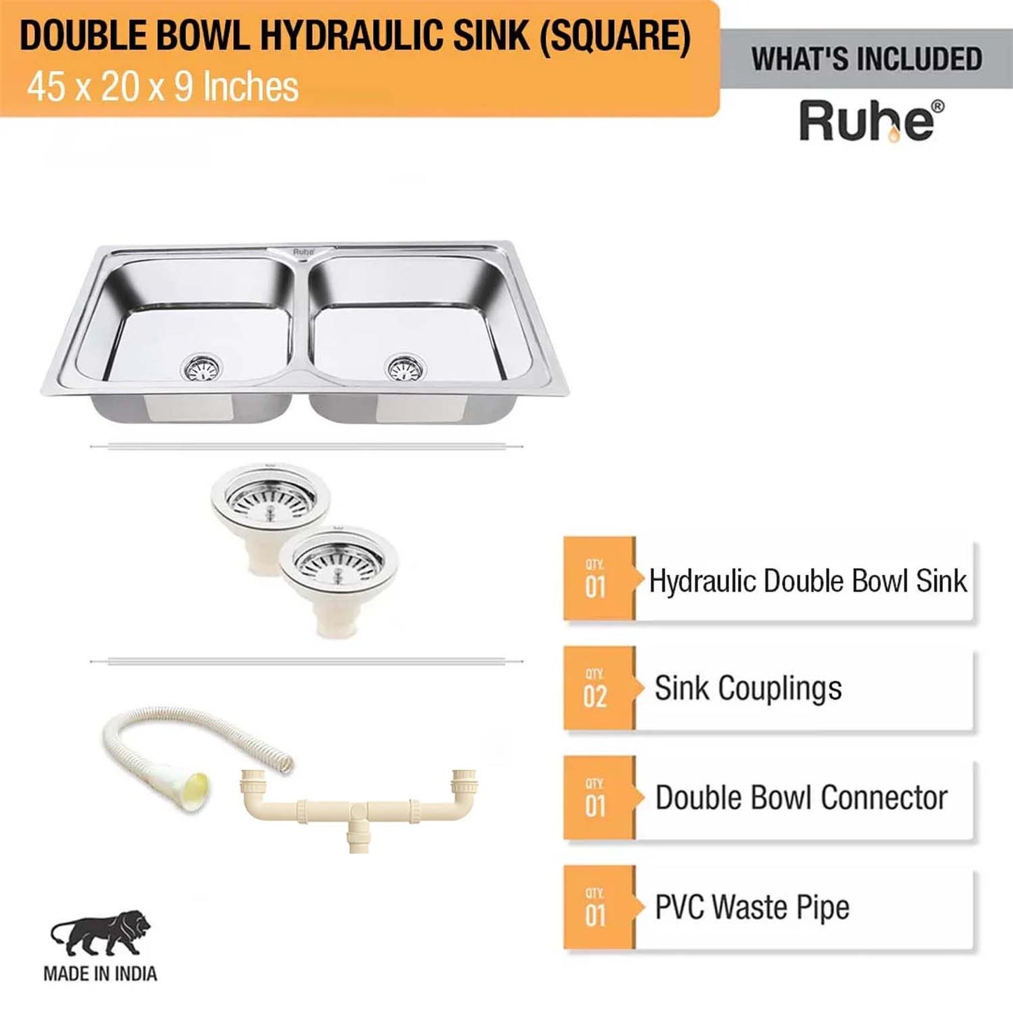 Double Bowl Premium Kitchen Sink (45 x 20 x 9 Inches)