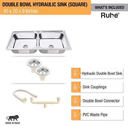 Double Bowl Premium Kitchen Sink (45 x 20 x 9 Inches)