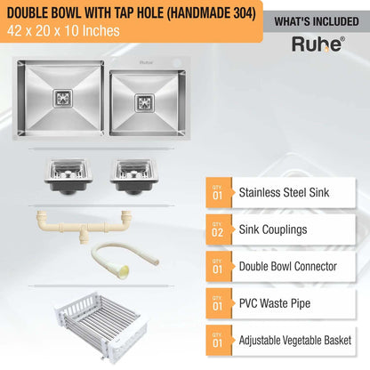 Handmade Double Bowl with Tap Hole Kitchen Sink (42 x 20 x 10 Inches)