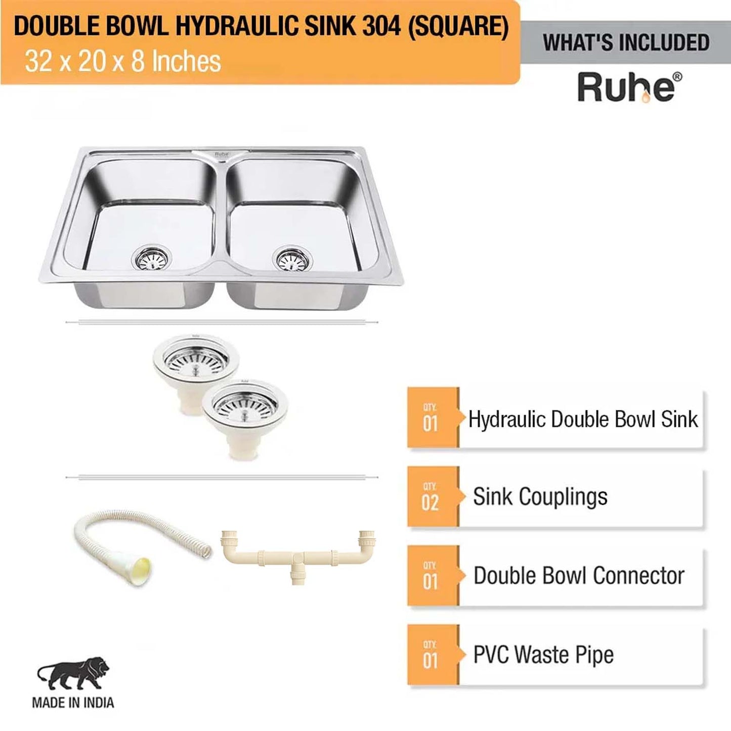 Double Bowl Kitchen Sink 304-Grade (32 x 20 x 8 Inches)