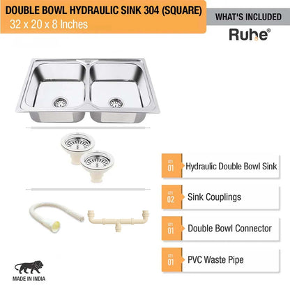 Double Bowl Kitchen Sink 304-Grade (32 x 20 x 8 Inches)