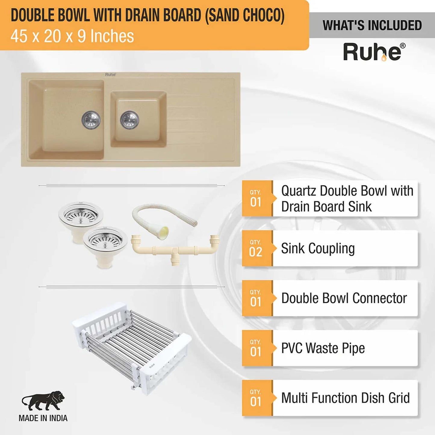 Quartz Double Bowl with Drainboard Kitchen Sink Crystal White (45 x 20 x 9 inches)