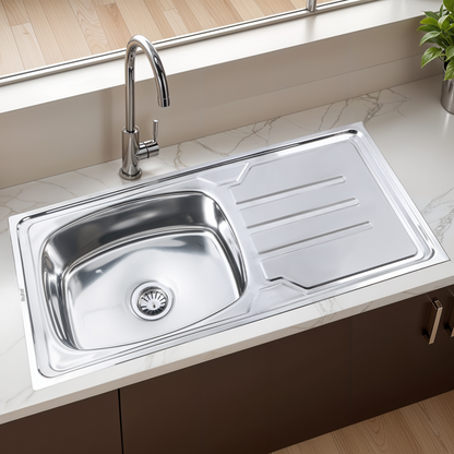 Oval Single Bowl with Drainboard Kitchen Sink (42 x 20 x 9 Inches)