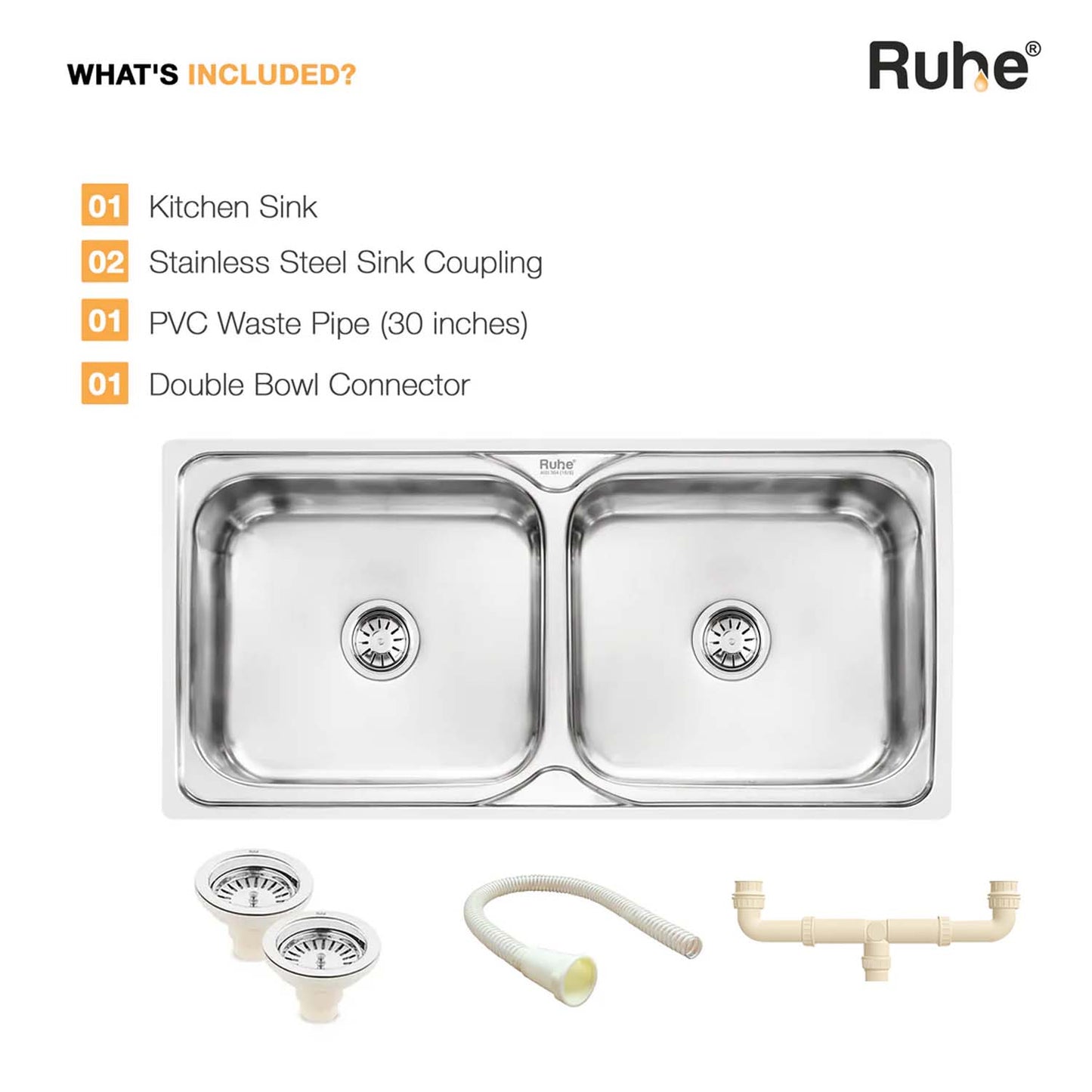 Double Bowl Kitchen Sink 304-Grade (45 x 20 x 9 Inches)