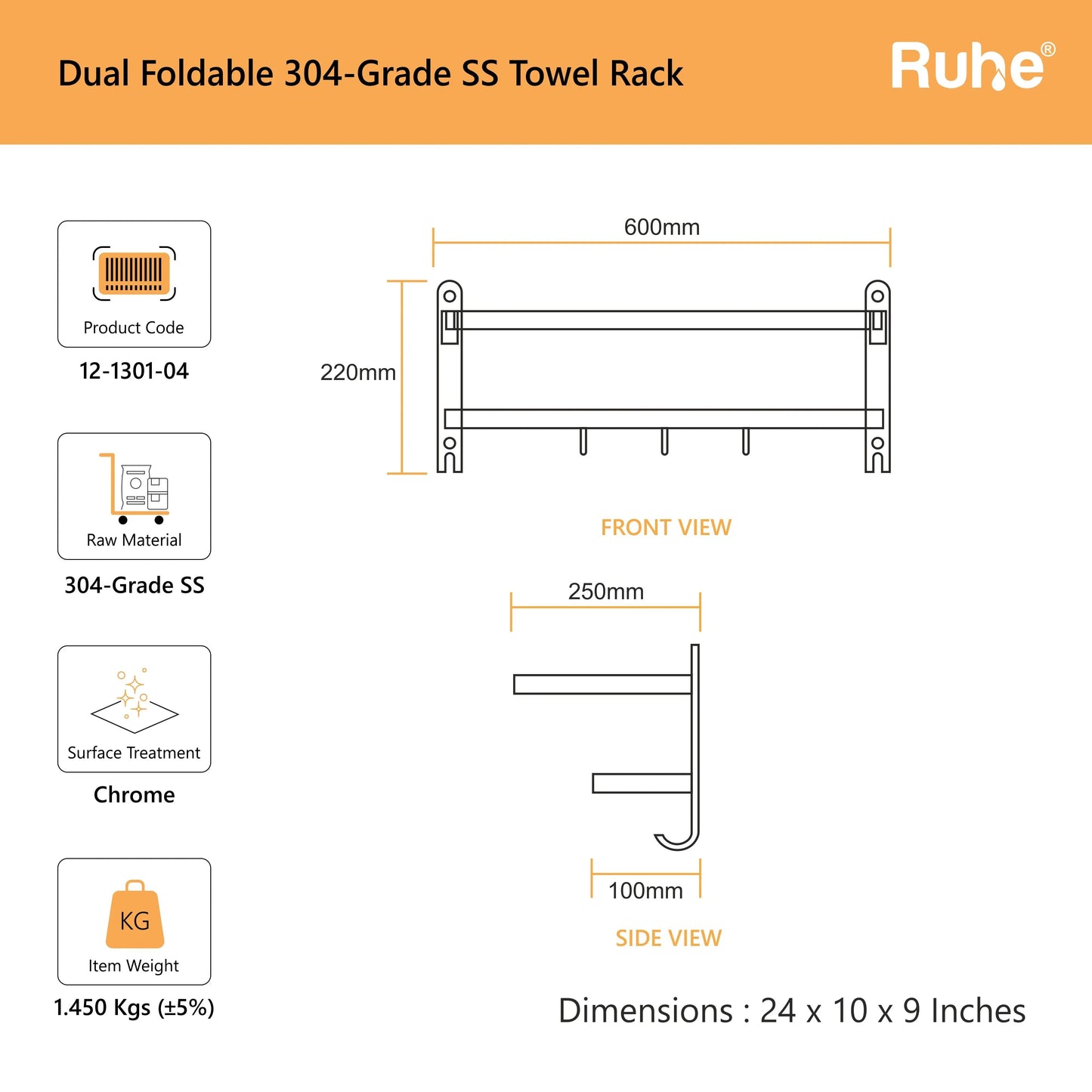 Dual Foldable 304-Grade Towel Rack (24 Inches)