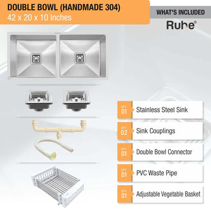 Handmade Double Bowl Kitchen Sink (42 x 20 x 10 Inches)