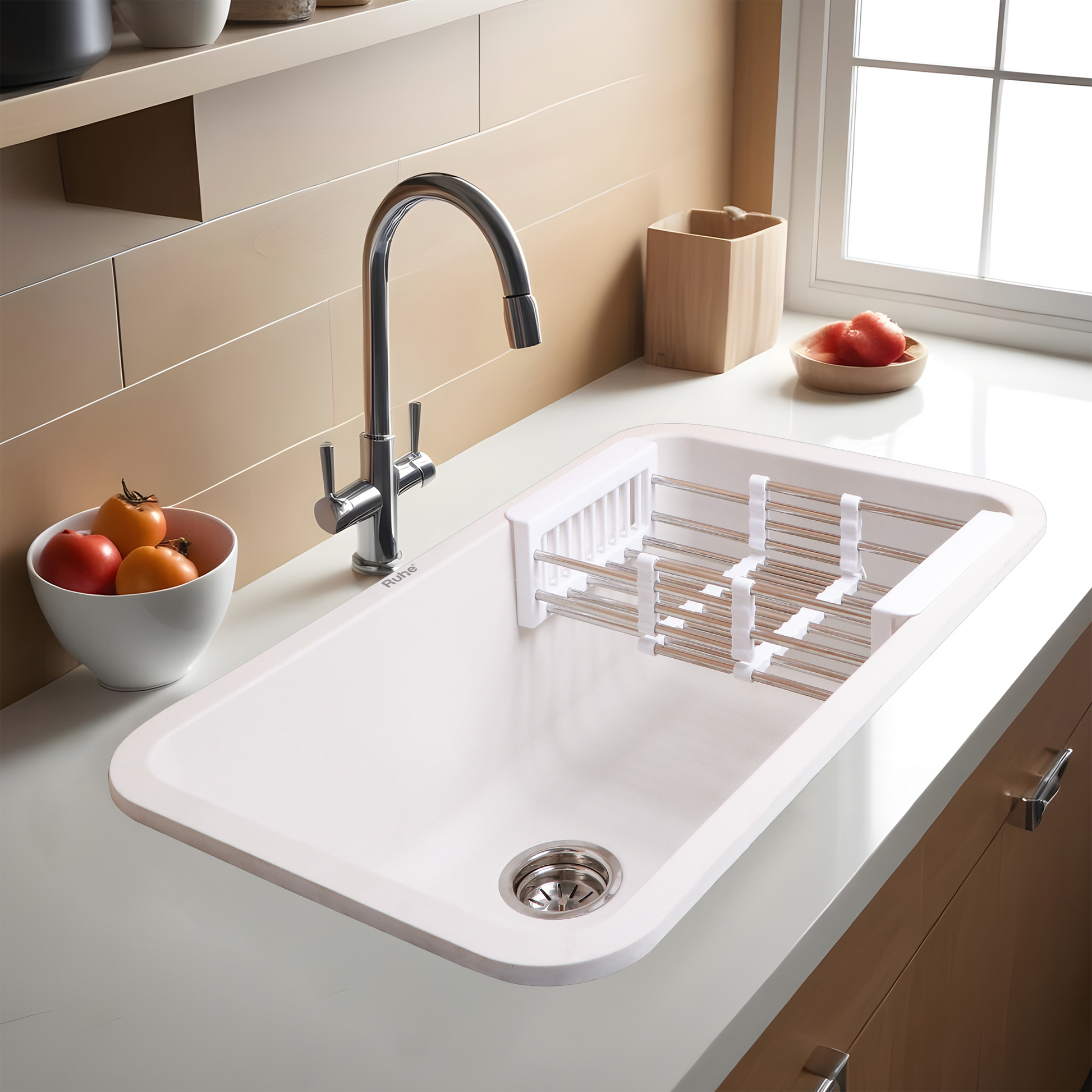 Crystal White Quartz Single Bowl Kitchen Sink (31 x 19 x 9 Inches)