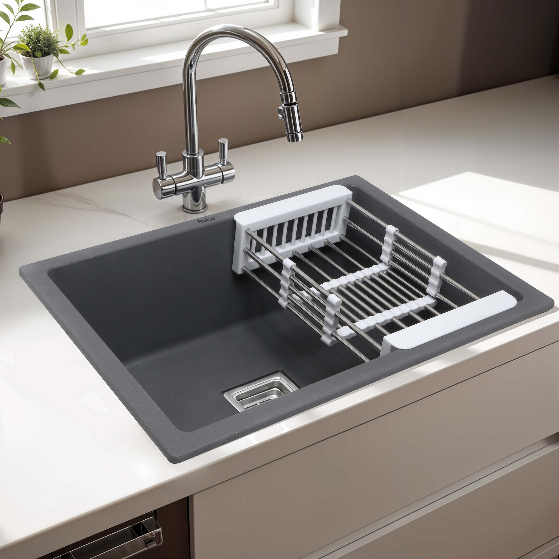 Smoke Grey Quartz Single Bowl Kitchen Sink (24 x 18 x 9 Inches)