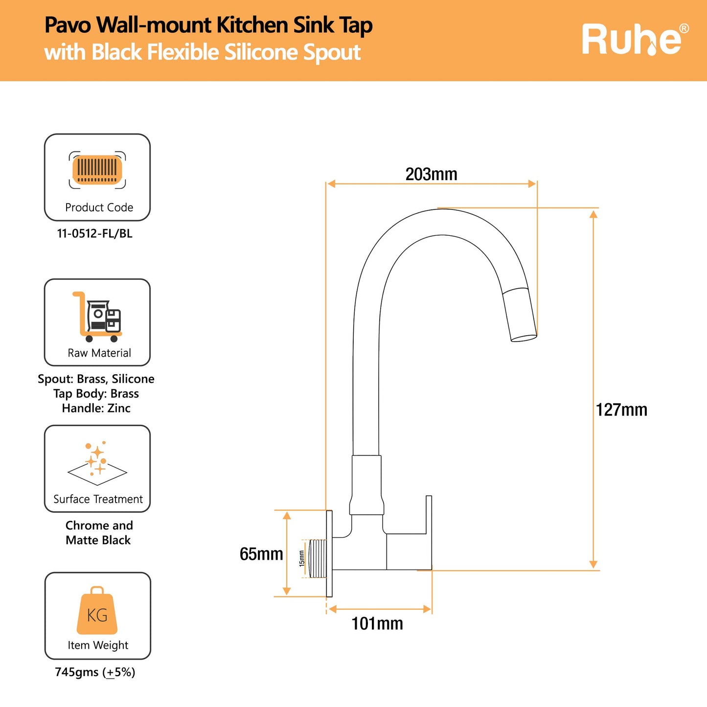 Pavo Wall Mount Kitchen Sink Tap with Coloured Flexible Silicone Spout