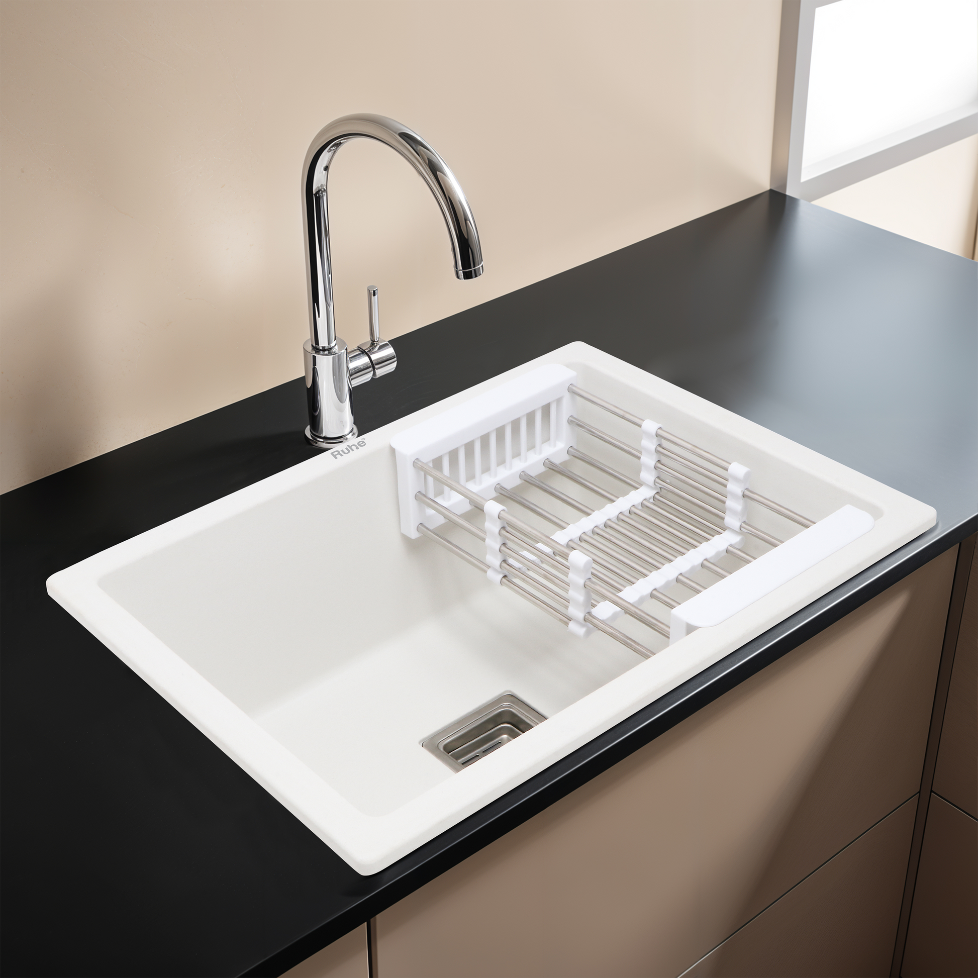 Crystal White Quartz Single Bowl Kitchen Sink (24 x 18 x 9 Inches