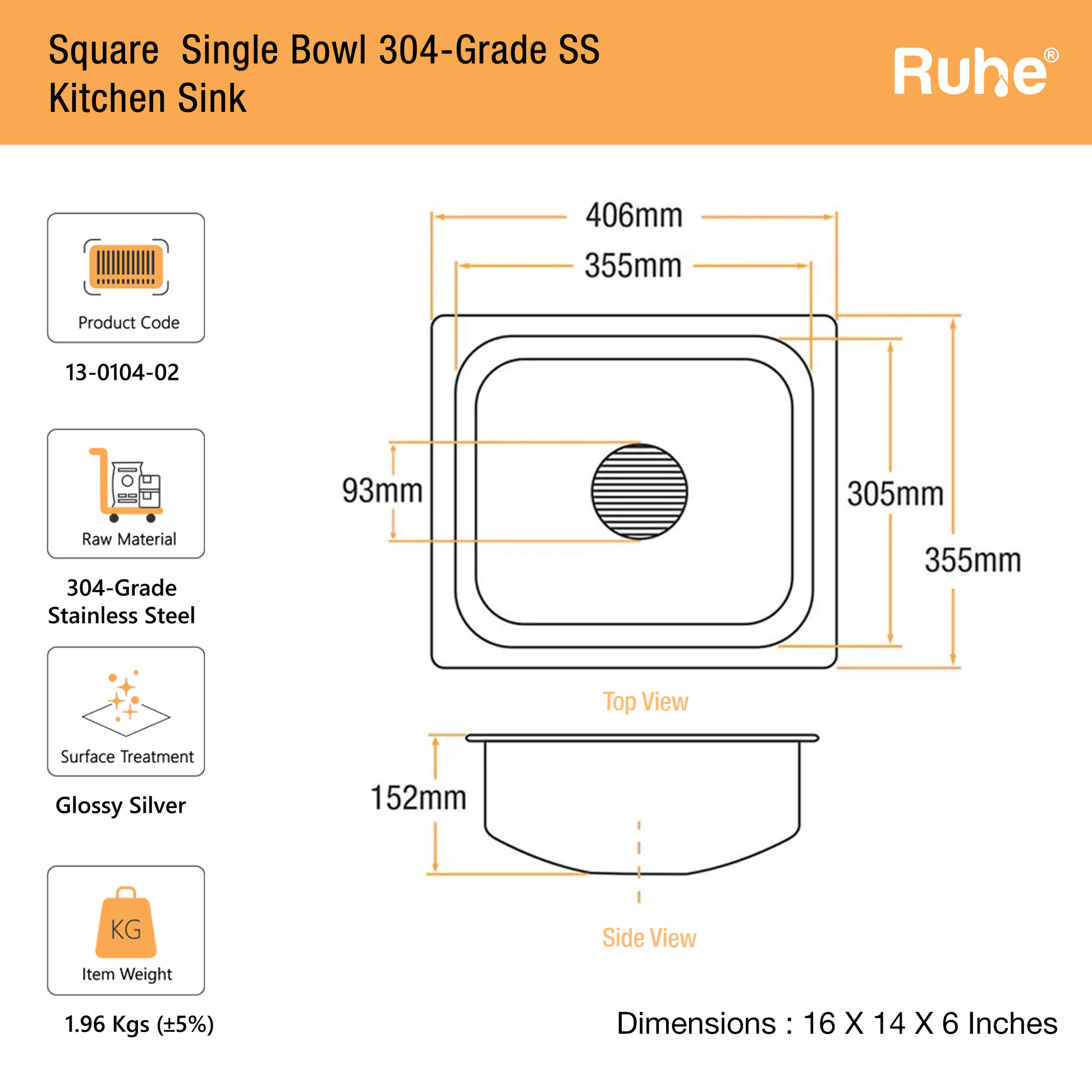 Single Bowl Kitchen Sink (16 x 14 x 6 Inches)(Dimensions)
