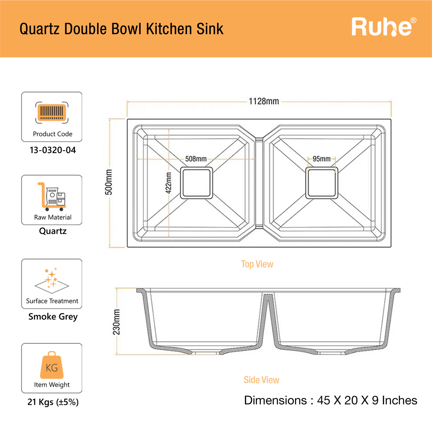 Quartz Double Bowl Kitchen Sink (45 x 20 x 9 inches)
