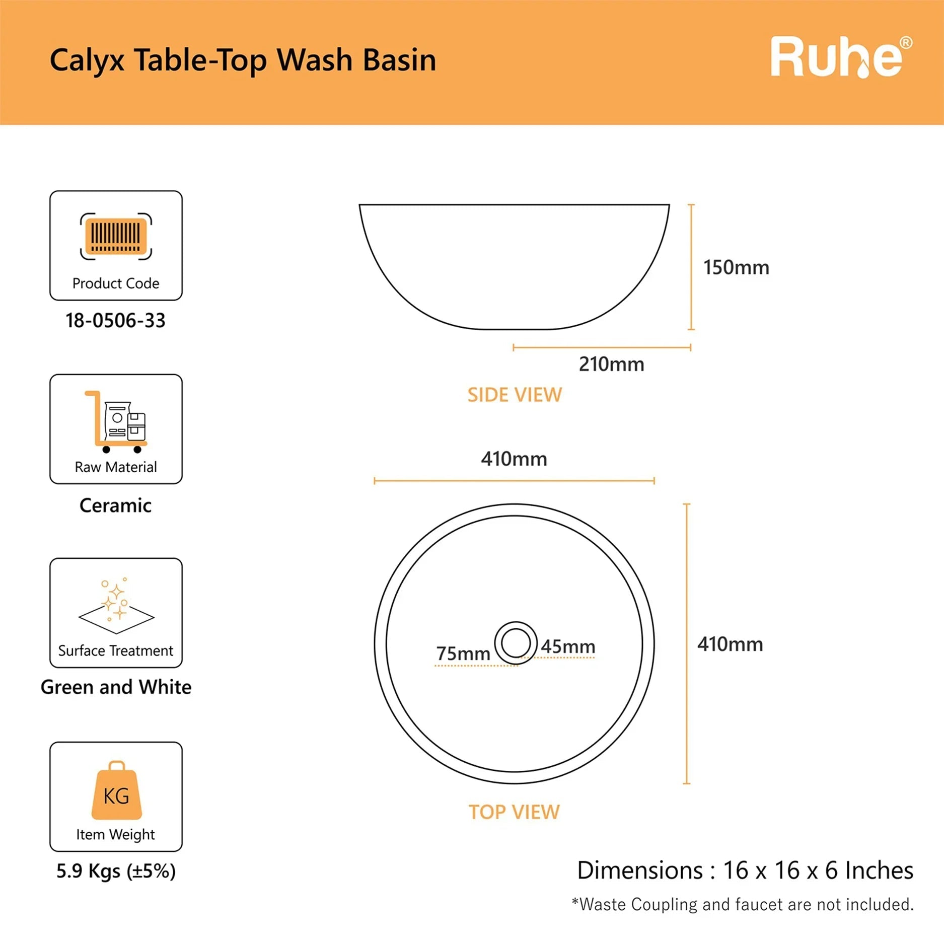 Calyx Table Top Wash Basin (dimensions)