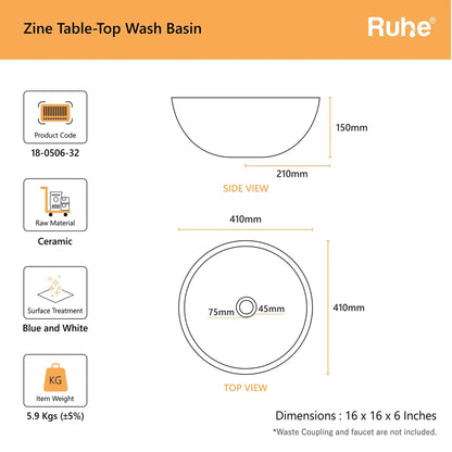 Zine Table Top Wash Basin (dimensions)
