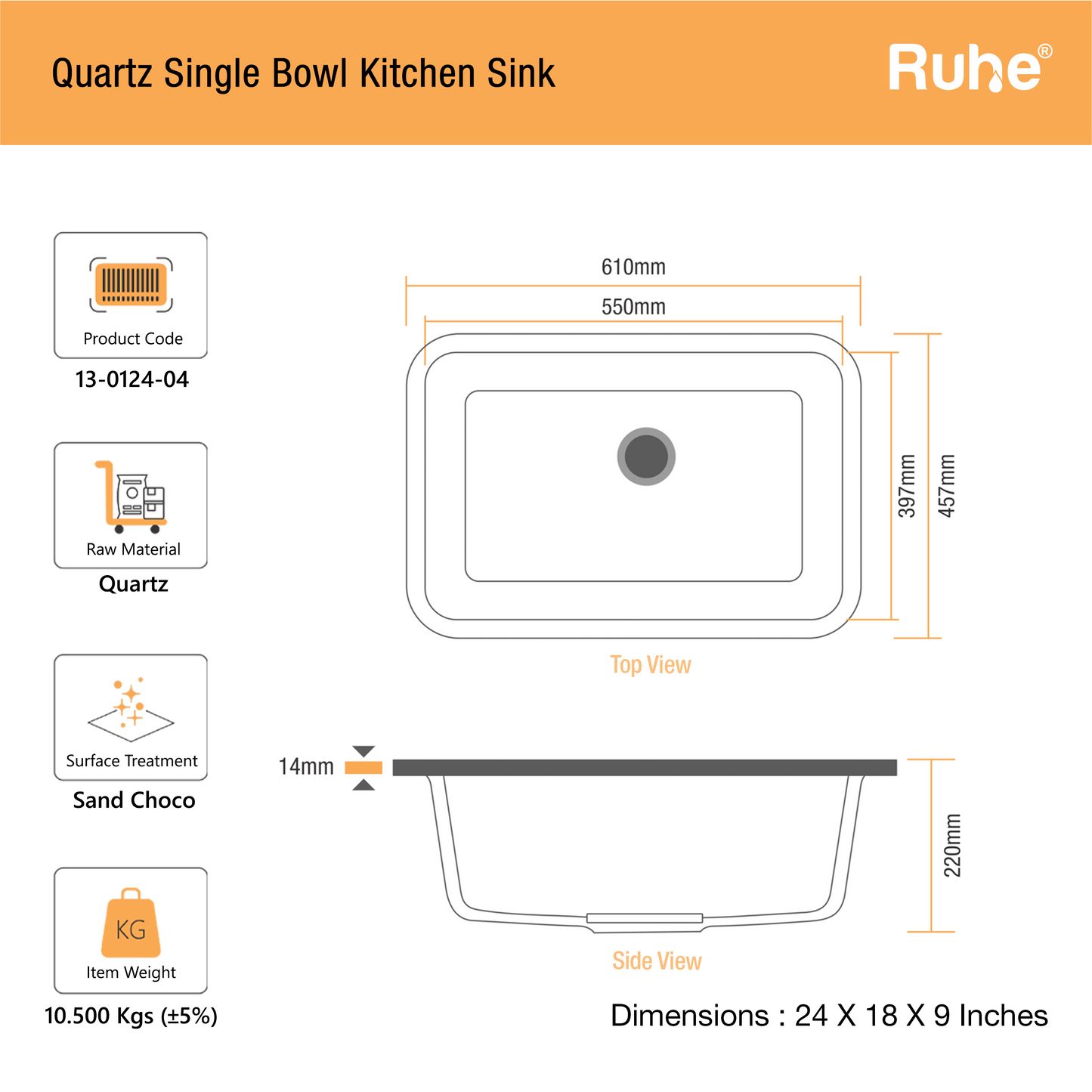 Quartz Single Bowl Round Kitchen Sink (24 x 18 x 9 Inches)