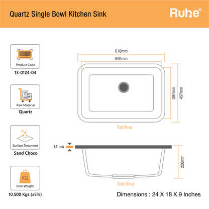 Quartz Single Bowl Round Kitchen Sink (24 x 18 x 9 Inches)