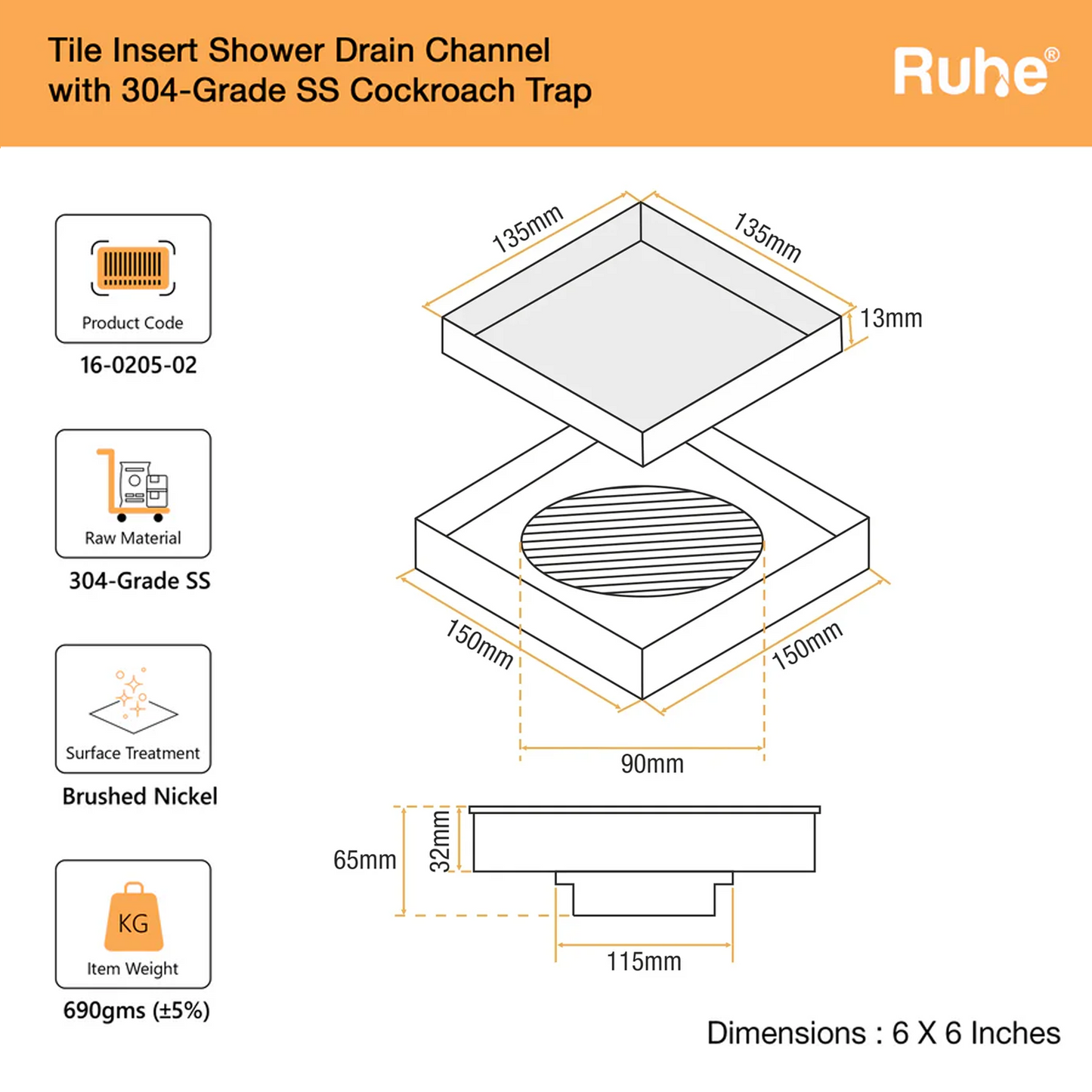Tile-Insert Shower Drain Channel (6 x 6 Inches)
