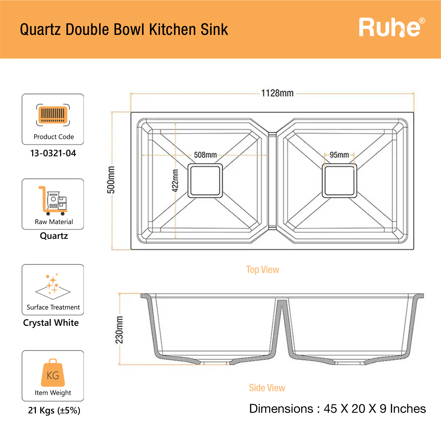 Quartz Double Bowl Kitchen Sink (45 x 20 x 9 inches)