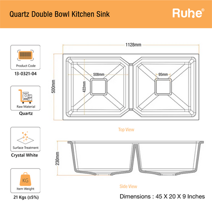 Quartz Double Bowl Kitchen Sink (45 x 20 x 9 inches)