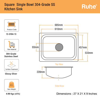 Single Bowl Kitchen Sink (27 x 21 x 9 Inches)(Dimension)