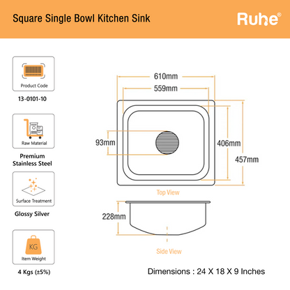Single Bowl Kitchen Sink (24 x 18 x 9 Inches) (Dimension)