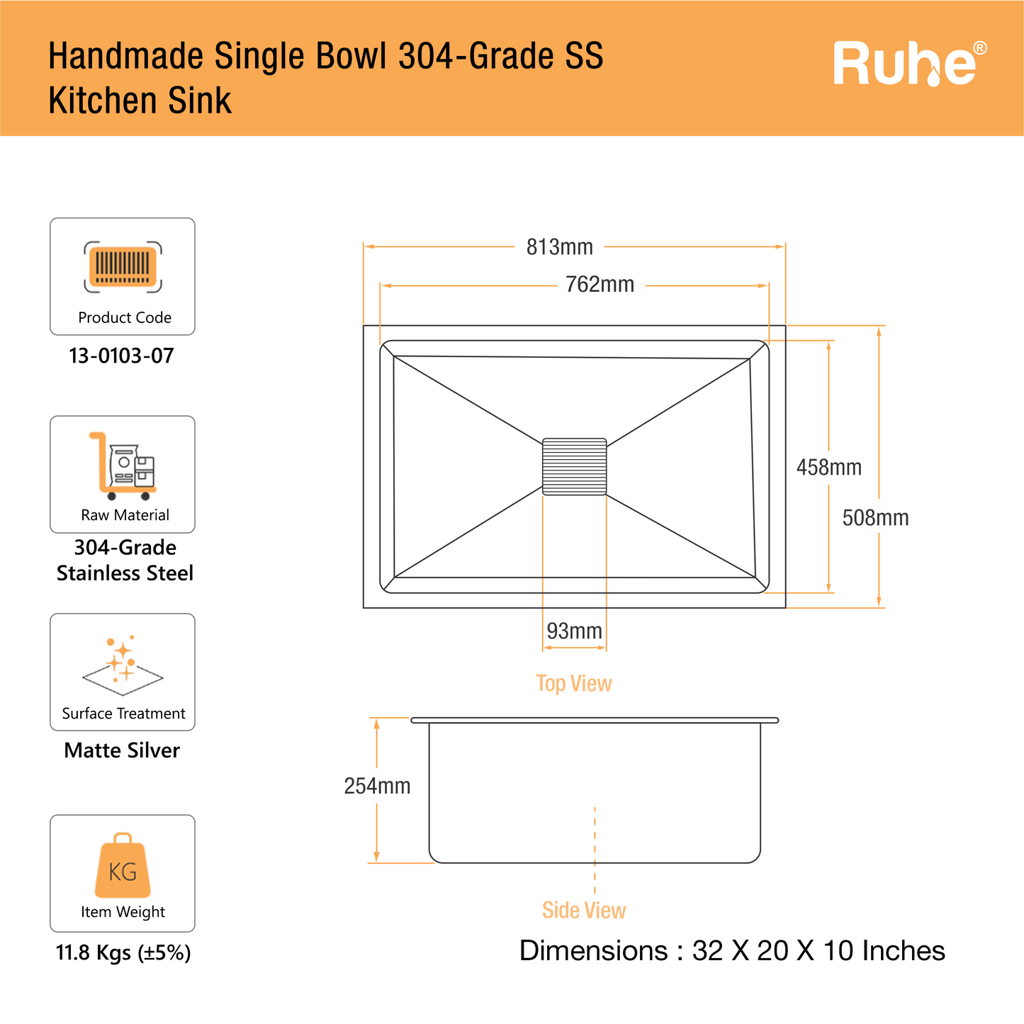 Handmade Single Bowl Kitchen Sink (32 x 20 x 10 Inches) (Dimensions)