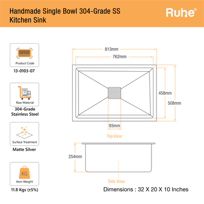 Handmade Single Bowl Kitchen Sink (32 x 20 x 10 Inches) (Dimensions)