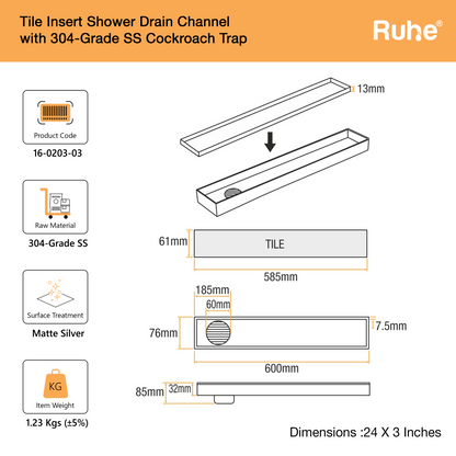 Tile-Insert Shower Drain Channel (3 Inches)