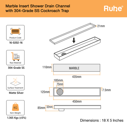 Marble-Insert Shower Drain Channel 5 inches