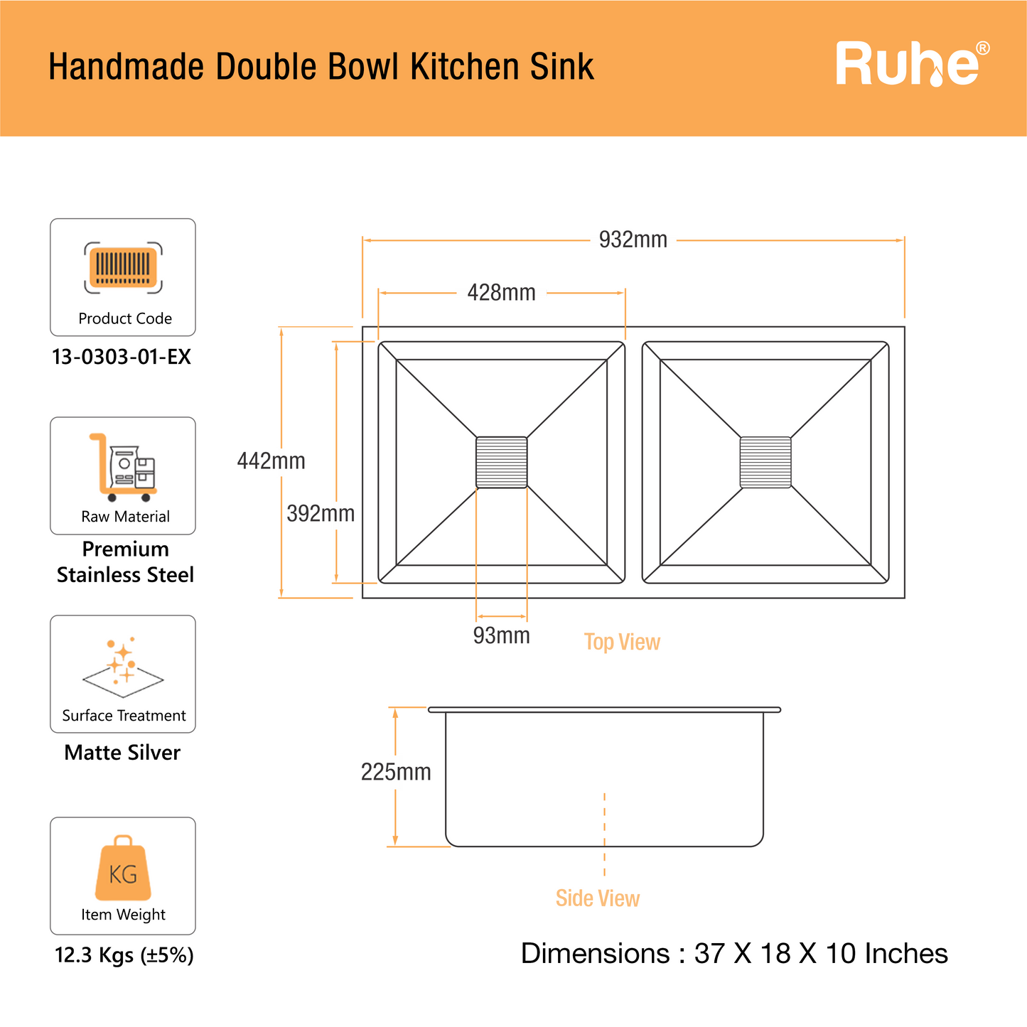 Handmade Double Bowl Kitchen Sink (37 x 18 x 10 Inches)