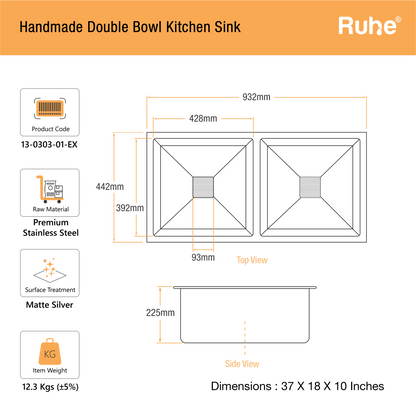 Handmade Double Bowl Kitchen Sink (37 x 18 x 10 Inches)