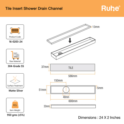 Tile-Insert Shower Drain Channel (2 Inches)
