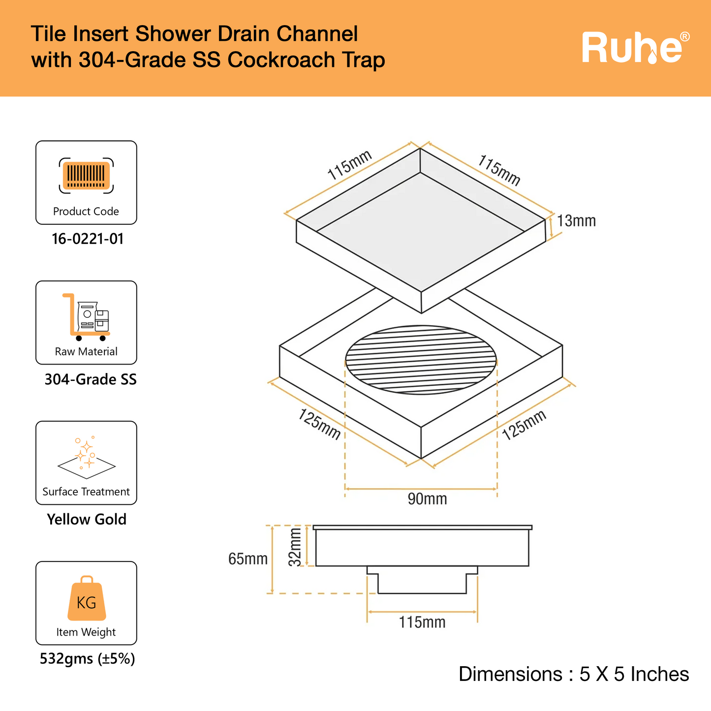 Tile-Insert Shower Drain Channel (5 x 5 Inches)
