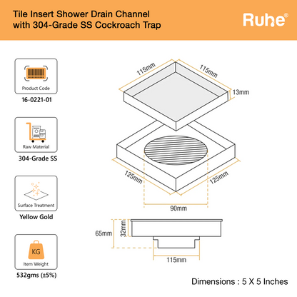 Tile-Insert Shower Drain Channel (5 x 5 Inches)