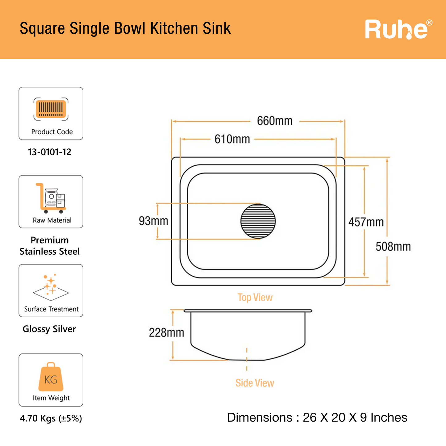 Single Bowl Kitchen Sink (26 x 20 x 9 Inches)(Dimension)