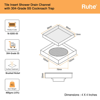 Tile-Insert Shower Drain Channel (4 x 4 Inches)