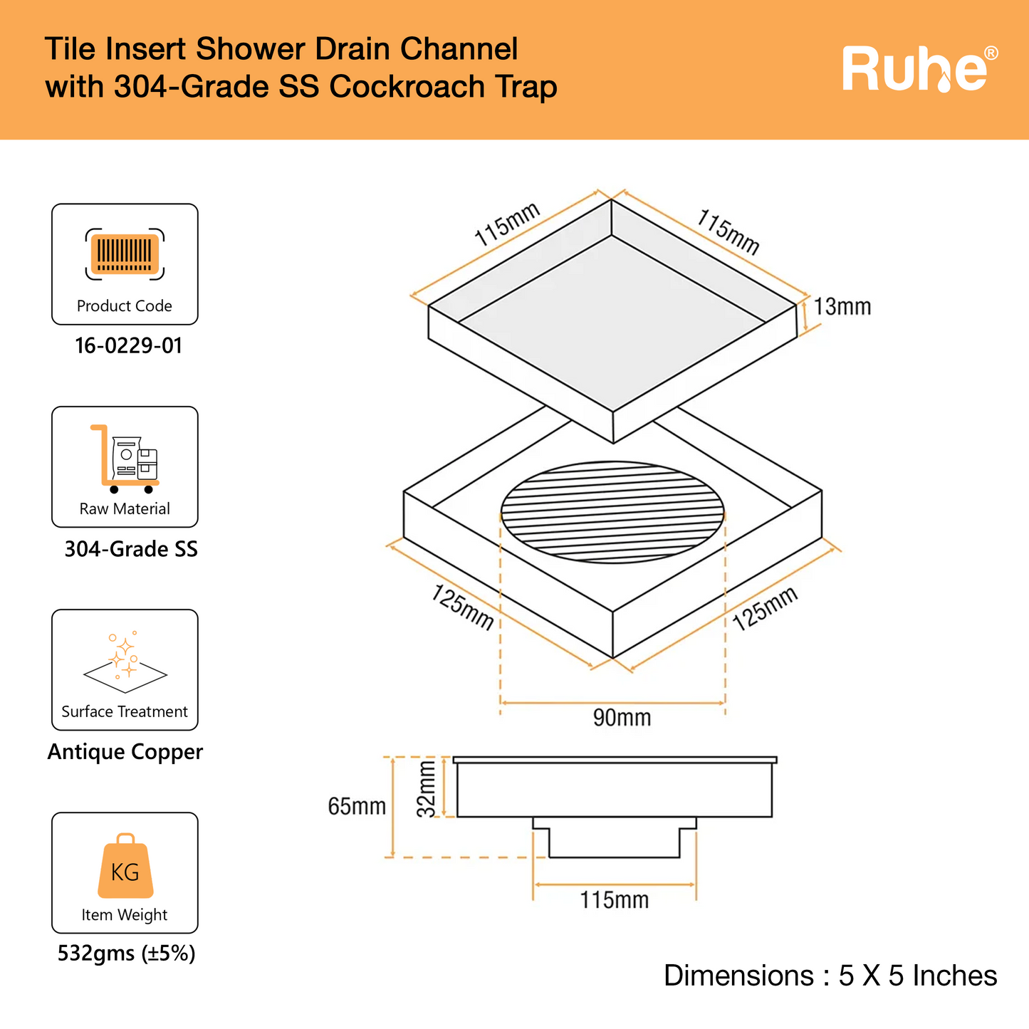 Tile-Insert Shower Drain Channel (5 x 5 Inches)
